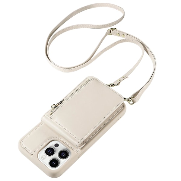 Fodral för iPhone 15 Pro, droppsäkert PU+TPU-fodral med stativ och dragkedjeförsedd plånbok Beige