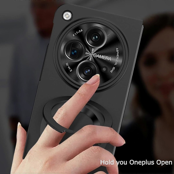 OnePlus Open -puhelimen kotelo, jossa on avattava jalusta, iskunkestävä suojakuori näytönsuojalla ja magsafe-rengaspidikkeellä Black