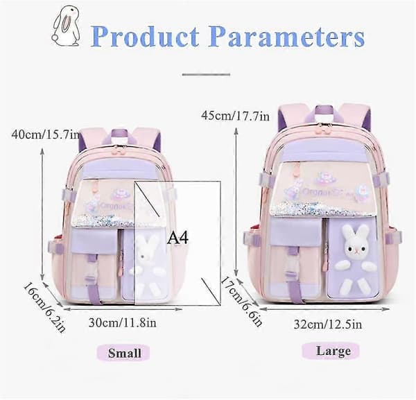 Kawaii Bunny Primär Flickor Ryggsäckar Grundskolväskor Bokväskor med Kylskåpsficka Fram Small purple