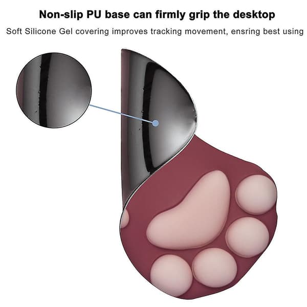 Musemåtte med kattepote og håndledsstøtte - Blød silikone håndledsstøtte, ergonomisk, sød musemåtte Claret
