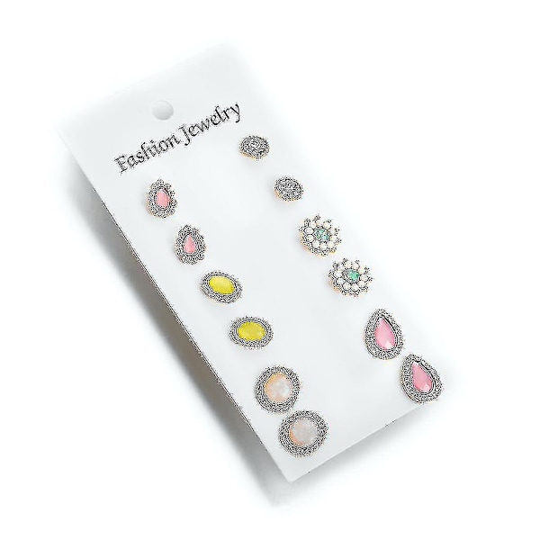 6-pack örhängen Set Multielemented Vattendroppe Strass Blomma Opal Örhängen för Dagligt Bruk