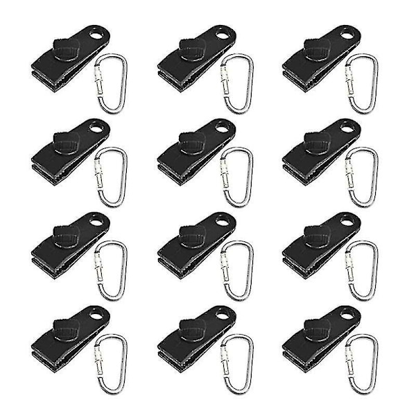 12 st Tarp-klämmor + Aluminium D-ring Karabiner Camping Markis Tältklämmor Tält Spänn Lås Grepp för Utomhus