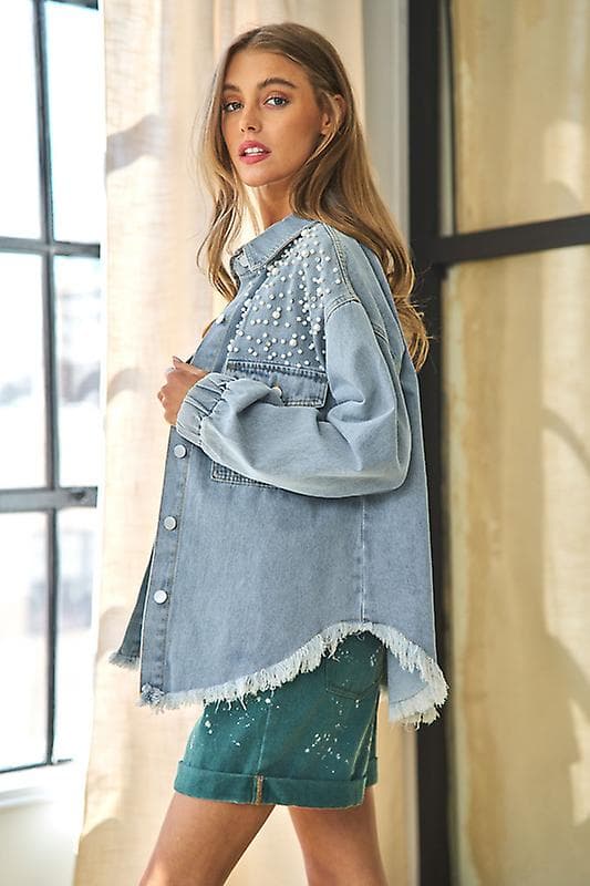 Jeansjacka för dam Broderade pärlor Rå frans Kantning, 2023 Oversized Denimjacka Dam (L) L