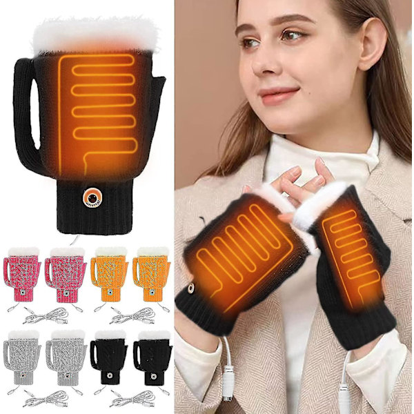 Varmhållande USB-handskar för kvinnor & män - Stickade, hela & halva fingrar, värmande utan fingrar med knapp, tvättbar design_as balck