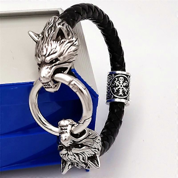 Viking Rune Perle Ulvehoved Armbånd Rustfrit Stål Læderarmbånd black style 10