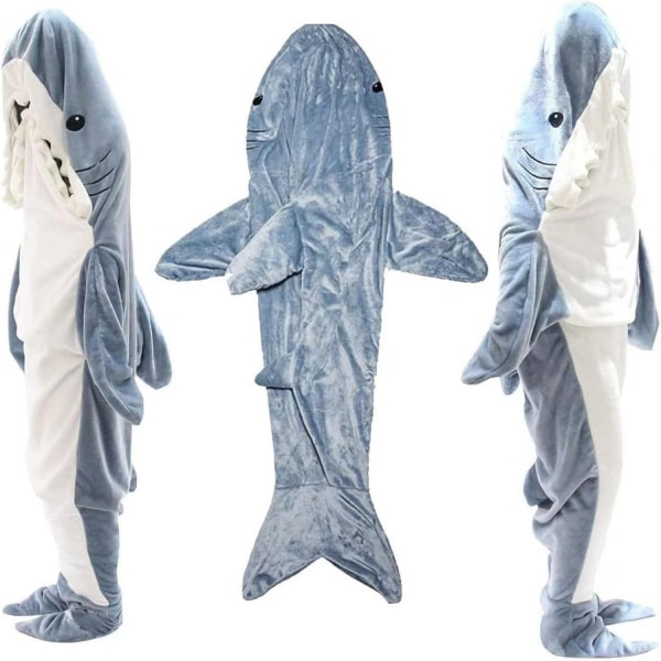 Shark Onesie bærbart tæppe til voksne - hajtæppe Super blødt hyggeligt flannel hættetrøje Shark sovepose L 170CM gray blue