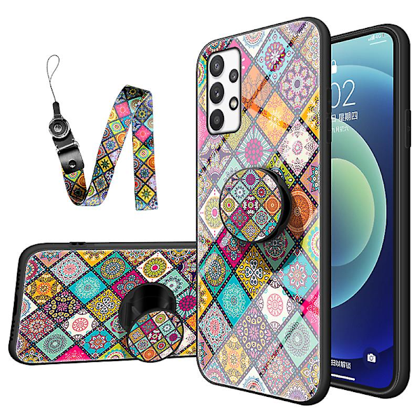 Snyggt mönstrat stativ i härdat glas + PC + TPU stötsäkert telefonfodral med snodd till Samsung Galaxy A33 5g