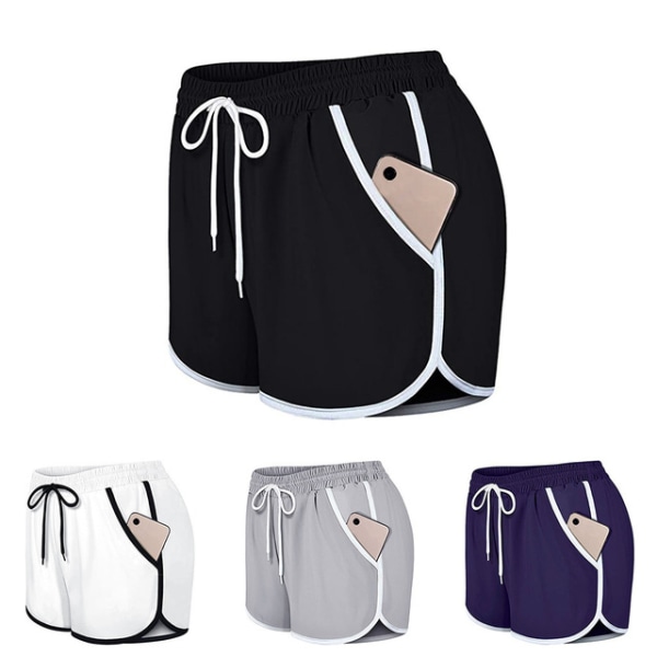 Dame dobbeltlags snoretræk elastiske talje atletiske shorts med lommer, grå-M Gray M
