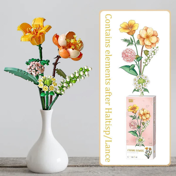 Dekorativ Blomsterbuket Byggeklodser Kunstige Blomster Mini Mursten Blomst Med Elegant Æske (ca. 1657 Byggeklodser Ekskl. Vase) 1658 Sunshine Vitality Orange