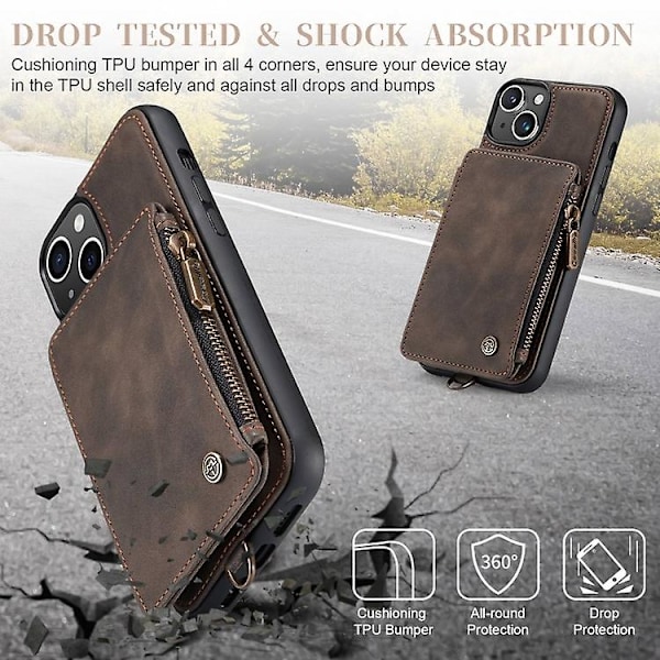 For Iphone 15 Caseme C20 Monitoiminen Rfid Nahkainen Matkapuhelinkotelo Brown iPhone 15