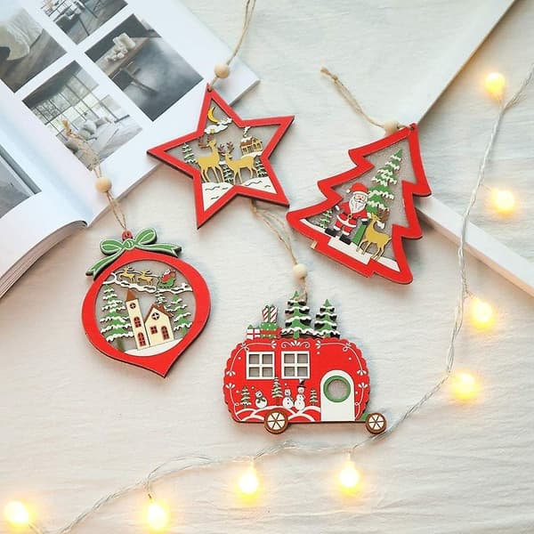 4 stykker julepynt i tre, DIY-trepynt, juletrpynt og festpynt med LED