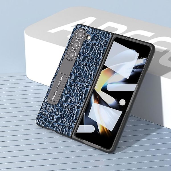 Til Samsung Galaxy Z Fold5 Abeel Integreret Ægte Læder Sky Series Mobiltelefon Etui Med Holder Blue