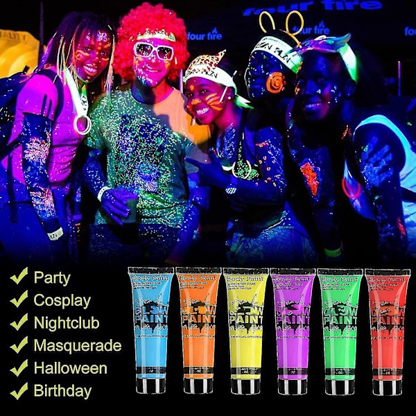 Glow In Dark Ansikts- och Kroppsmakeup UV Svartljus Neon Fluorescerande 0.34oz Set med 6 Tubar