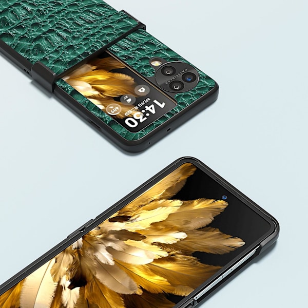 Abeel Fodral för Oppo Find N3 Flip 5g, Äkta Läderbelagd PC-skydd med H gångjärnsskydd Green