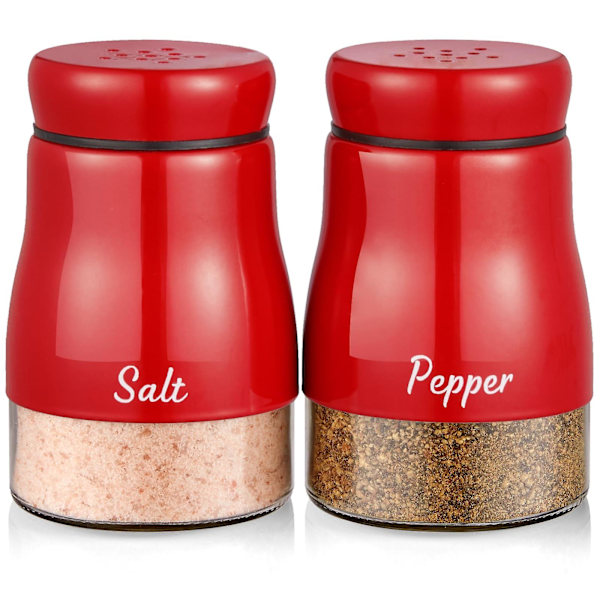 Salt- og pepperbøsse-sett, 5 gram rustfritt stål salt- og pepperdispenser med glassbunn, salt- og pepperbøsser for hjemmekjøkkendekorasjon red