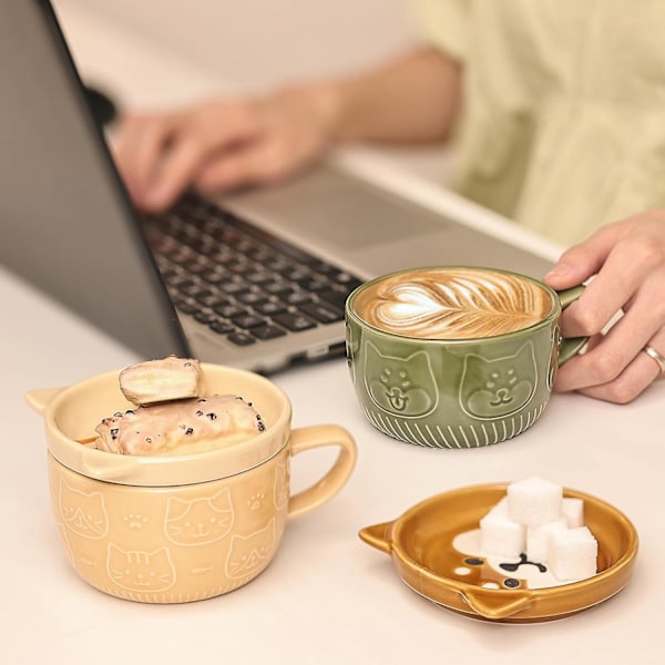 300ML Söt Keramisk Katt Kaffe Mugg med Lock för Kattälskare, Rolig Nyhet Katt Frukost Muggar för Vänner Present