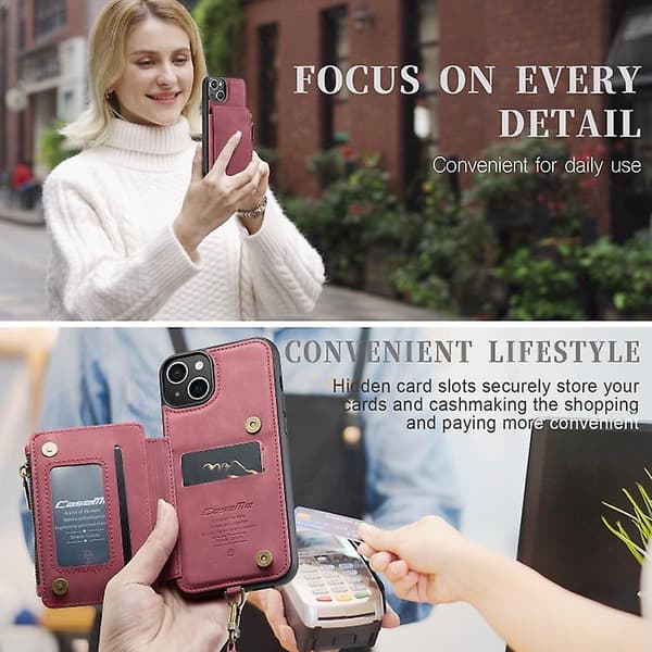 Caseme C20 Multifunktionellt RFID Läder Mobilskal för Iphone 15 Red 15 Pro Max