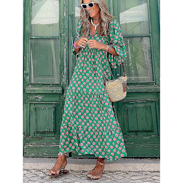 Sommer Kjole med Puffærmer Lang Dame Løstsiddende Boho Blomsterkjole Mode Ferie Strand Vintage Kjole Elegant Geometrisk Print Vestido Green S