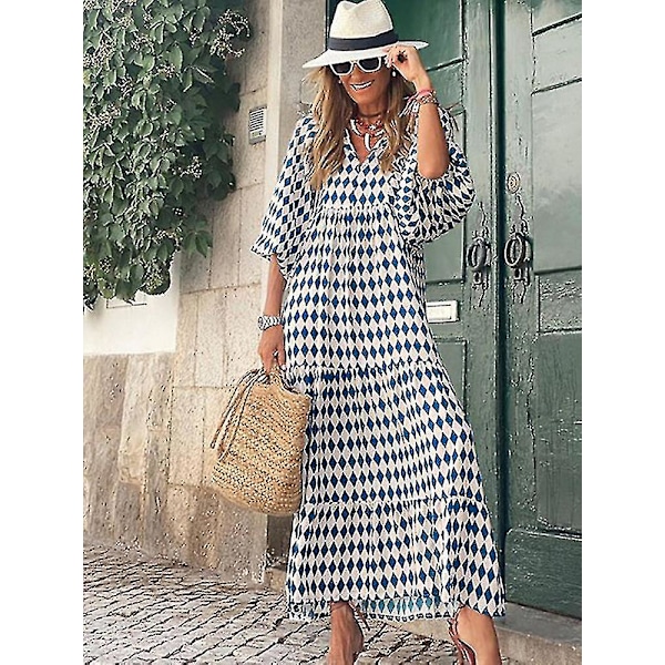 Sommar Klänning med Puffärmar Lång Kvinna Lös Boho Blommig Klänning Mode Semester Strand Vintage Klänning Elegant Geometrisk Tryck Vestido Sky Blue XXL