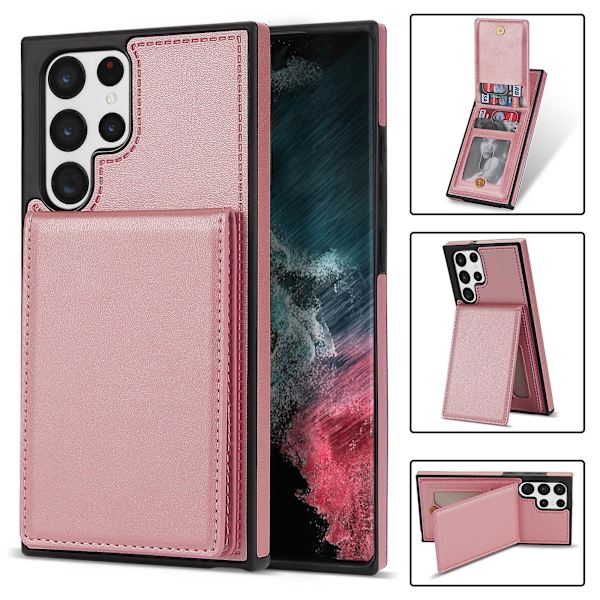 For Samsung Galaxy S24 Ultra RFID-blokkerende telefondeksel med kortholder og støtte Rose Gold