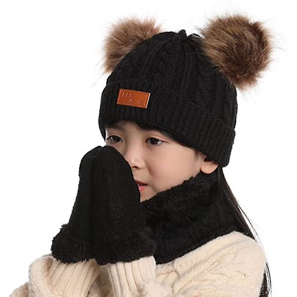 Toddler-hatt i vinterfärg med dubbla pompom-stickade mössor och halsduk i samma färg style 1