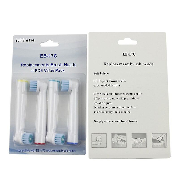 4-pack Ersättningshuvud för Elektrisk Tandborste, Mjuka Dupont Borst, Passar Oral B Elektriska Borstar, SB-17A EB-17C