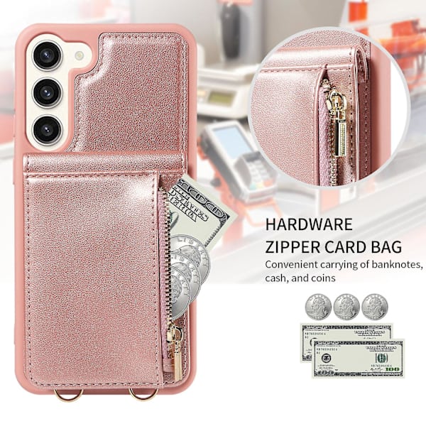 For Samsung Galaxy S24 Etui PU+TPU RFID Blokerende Telefon Skal med Tegnebog og Stativ Rose Gold
