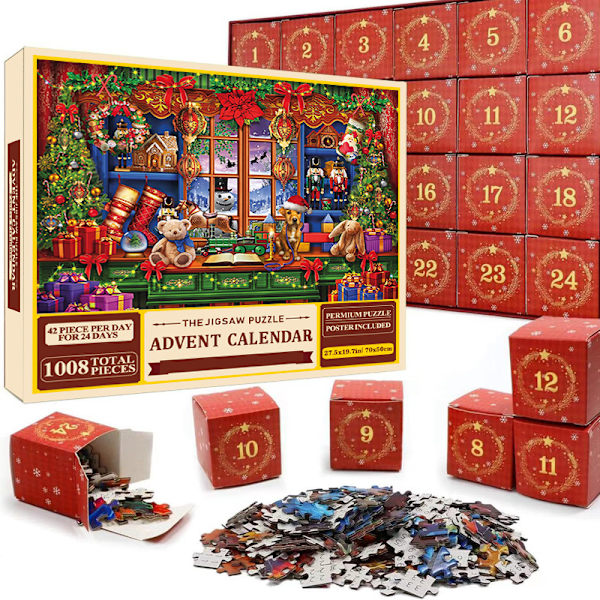 Puslespil Adventskalender 2024, 1008 Puslespilsbrikker 24 Dages Jule Nedtælling Adventskalendere-12