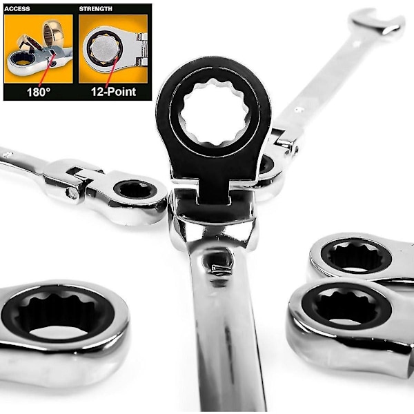 Acrux7 6-pack Flex Head spärrnyckelsats, 8-13 mm spärrnyckel, krom-vanadinstål kugghjulssats för metriska sexkantiga muttrar och bultar
