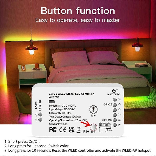 ESP32 WLED LED Controller med Mikrofon UART Download Dynamiske Lysindstillinger til LED Strip Lys