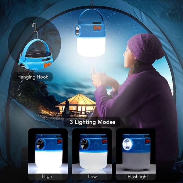 Oppladbare campinglys, Acsergery LED solcelle campinglampe 1200 lumen solcelle/USB gave