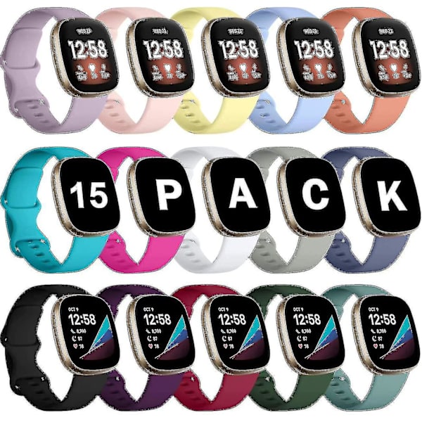 15-pack band kompatibel med Fitbit Versa 3/Fitbit Sense-band, mjukt ersättningsarmband för Fitbit Sense/Versa 3-band för kvinnor, flexibelt och vattentätt