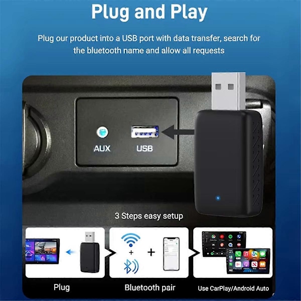 2 i 1 Trådløs Carplay Adapter og Android Auto Trådløs Adapter Plug and Play Kabel til Trådløs Adapter til Biler