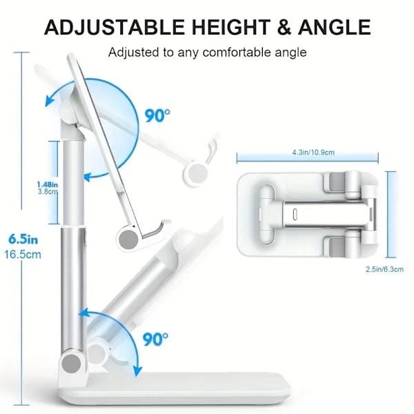 Foldbar Stativholder for Tablet og Mobiltelefon, Høydejusterbar for Android Smartphone E-leser Tablet