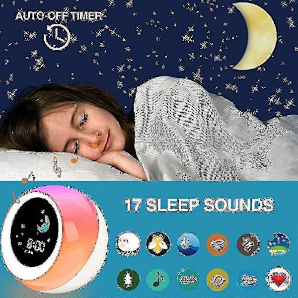 Sun & Moon Rise Barnevekkerklokke  Barnas Søvntrener  Søvnlydmaskin  Våkne Opp Lys & Nattlys  Lær Barn Dag & Natt Banmo