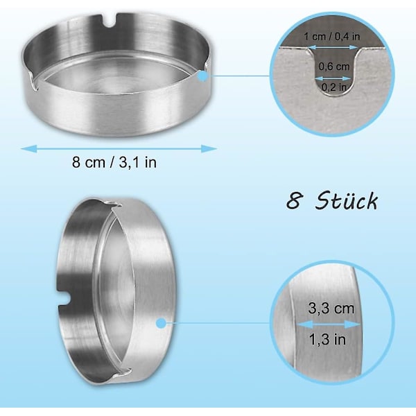 Sett med 8 runde askebegre i rustfritt stål for bar, restaurant, soverom
