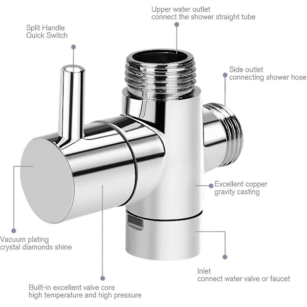 3-vejs ventil-omskifteradapter G1/2 tomme - Bruser T-adapter, Messingafleder til vandhane til håndbruser