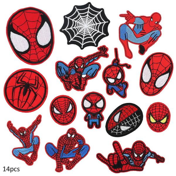 14 st tecknade Spiderman strykjärnslappar för kläder, DIY sy på lappar applikation lapp kläder reparationslappar för jeans, byxor, ryggsäckar, kläder