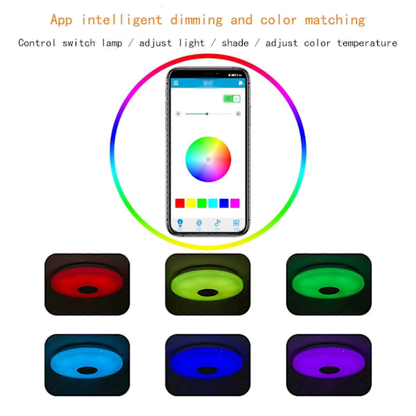LED-taklampe med Bluetooth-høyttaler, RGB LED-taklamper, styring via smarttelefon-app, fjernkontroll for fargeendring, montering av belysning