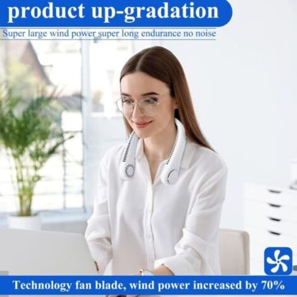 Genopladelig bærbar halsventilator. 360° luftstrøm. 3 hastigheder. Til soveværelse, udendørs, kontor (hvid)