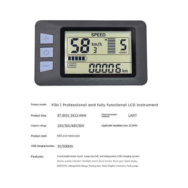 P3H LCD Display Målerinstrument Dashboard 24V 36V 48V 60V Elcykel Målerpanel til El-Scooter