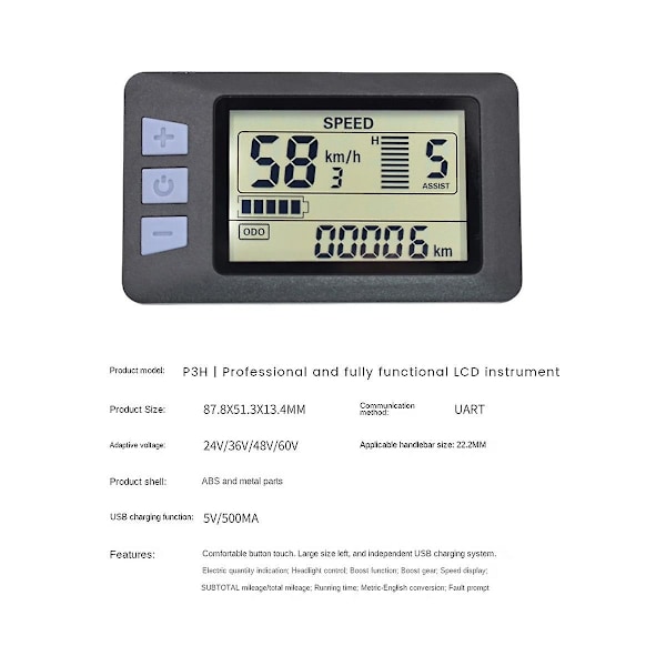 P3H LCD-displaymätare Instrumentbräda 24V 36V 48V 60V Elcykelmätare Displaypanel för Elsparkcykel