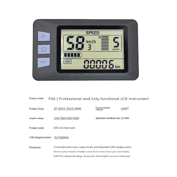 P3H LCD-näyttömittari kojelauta 24V 36V 48V 60V sähköpyörämittari näyttöpaneeli sähköpotkulaudalle