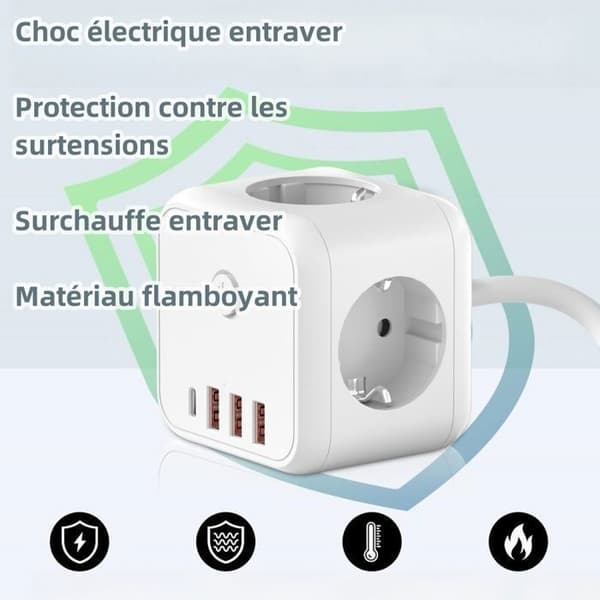 Multi-Power kubeuttak med bryter - 20W PD hurtiglading - 3 USB-A og 1 USB-C uttak - 15m skjøteledning - Hvit PZCC