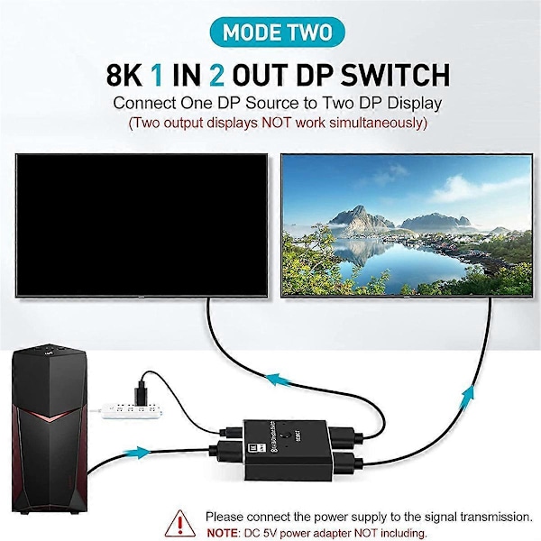 8K DisplayPort-bryter 2 inn 1 ut/ 1 inn 2 ut Display Port DP-bryter støtter 8K30Hz 4K120Hz for PC