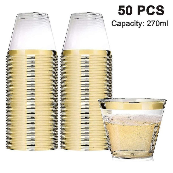 50-pack guldkantade plastmuggar - Eleganta klarkristallvinkoppar - Festmuggar för engångsbruk