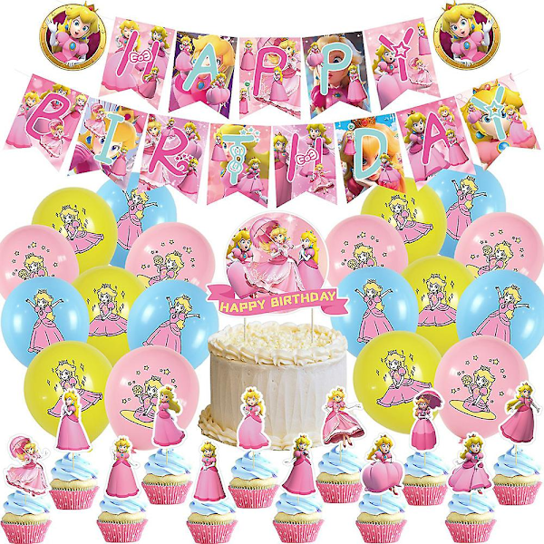 Prinsessa Peach -teemajuhlatarvikkeet - Ilmapalloja, lippuja, kakun koristeita, cupcake-koristeita ja lahjoja