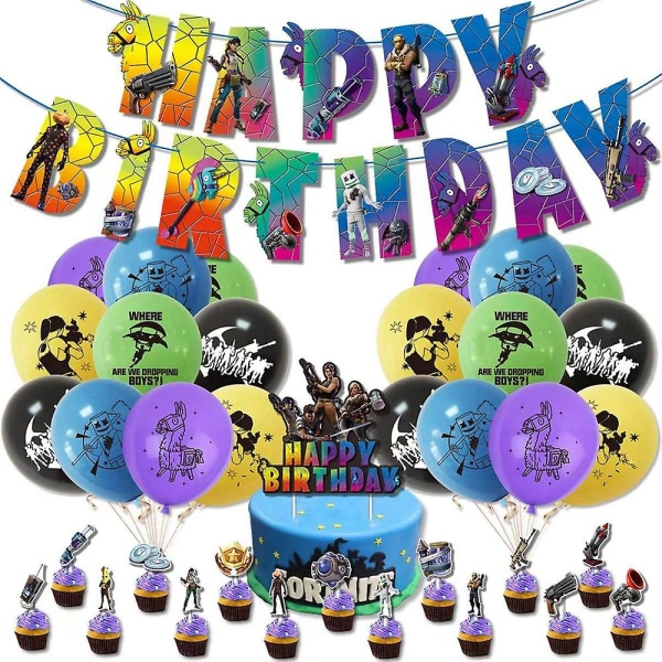 Fortnite Speltema Födelsedagsfest Tillbehör Set Ballonger Banner Cake Toppers Decors Kit för barn Pojkar