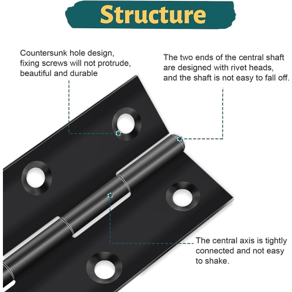 Pakke med 10 Foldbare Hængsler 44 mm  31 mm, Sort Rustfrit Stål Hængel, Pianohængsel, Lille Hængel, Dørhængsel til Døre, Vinduer, Skabe med 60 Skruer