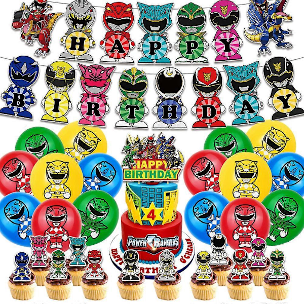 Power Rangers -teemainen syntymäpäiväkoristeet: liput, kakun koristeet, ilmapallot ja cupcake-koristeet